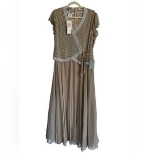 NWT J Kara Taupe Maxi Dress with Silver Accents